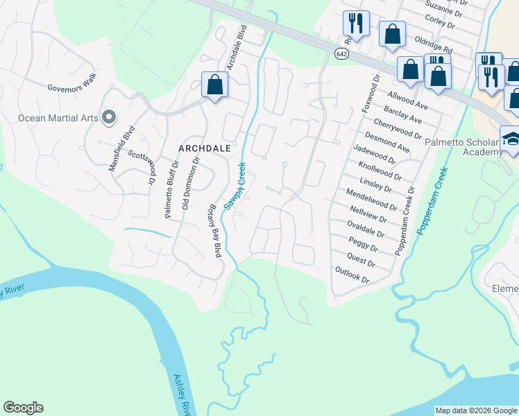 map of restaurants, bars, coffee shops, grocery stores, and more near 7968 Vermont Road in North Charleston