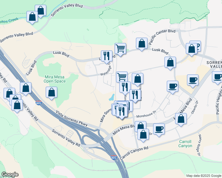 map of restaurants, bars, coffee shops, grocery stores, and more near 10292 Wateridge Circle in San Diego