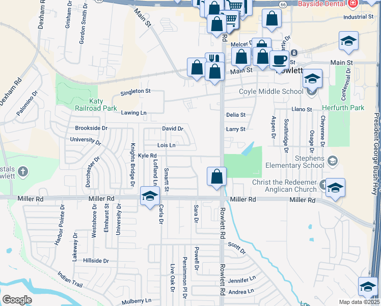 map of restaurants, bars, coffee shops, grocery stores, and more near 3010 Rowlett Road in Rowlett