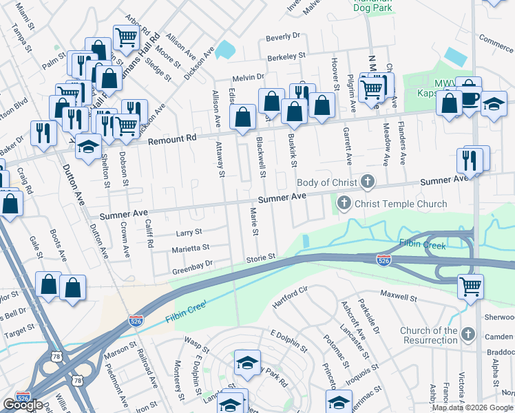 map of restaurants, bars, coffee shops, grocery stores, and more near 5463 Marie Street in North Charleston