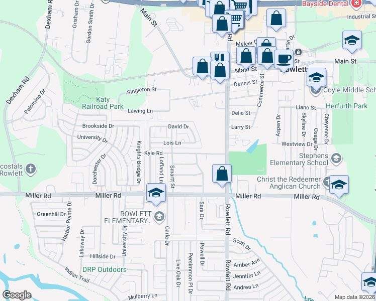 map of restaurants, bars, coffee shops, grocery stores, and more near 3022 Kyle Road in Rowlett