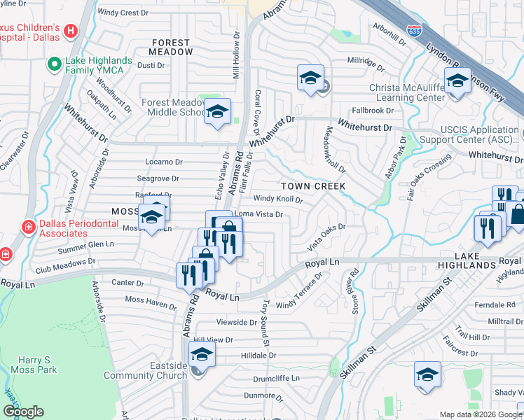 map of restaurants, bars, coffee shops, grocery stores, and more near 9516 Loma Vista Drive in Dallas
