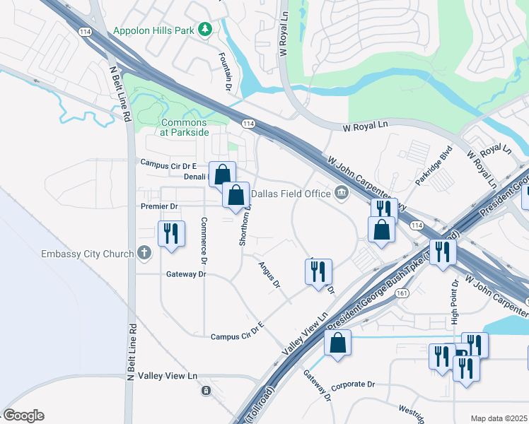 map of restaurants, bars, coffee shops, grocery stores, and more near 6431 Longhorn Drive in Irving