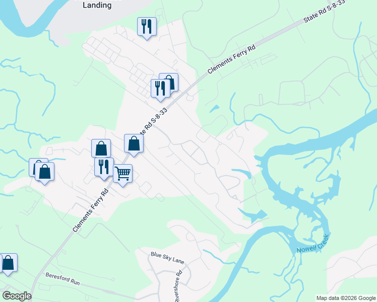 map of restaurants, bars, coffee shops, grocery stores, and more near 520 Tayrn Drive in Charleston