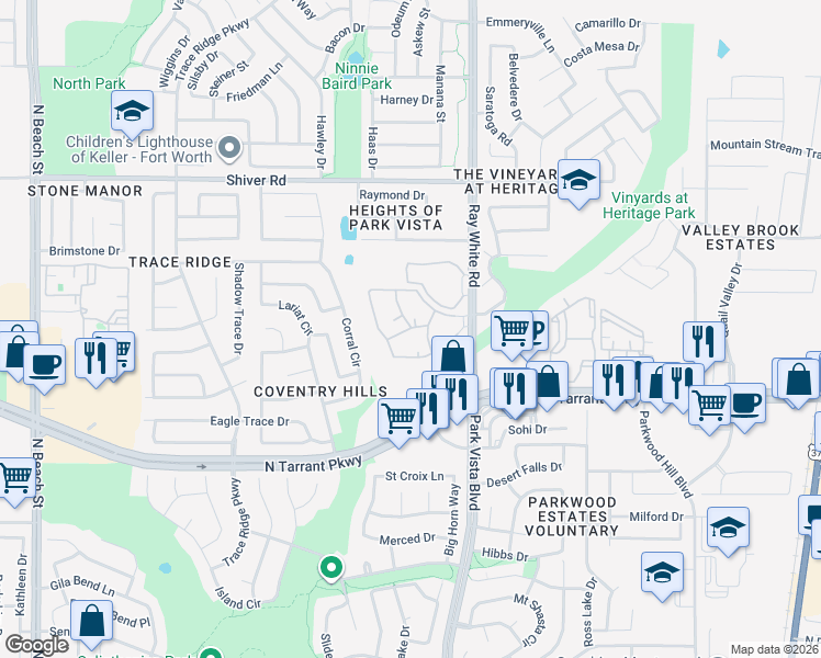 map of restaurants, bars, coffee shops, grocery stores, and more near 8560 Scenic Green Circle in Fort Worth