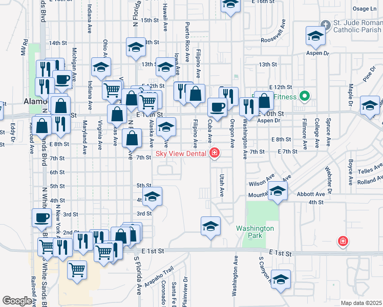 map of restaurants, bars, coffee shops, grocery stores, and more near 1100-1198 7th Street in Alamogordo