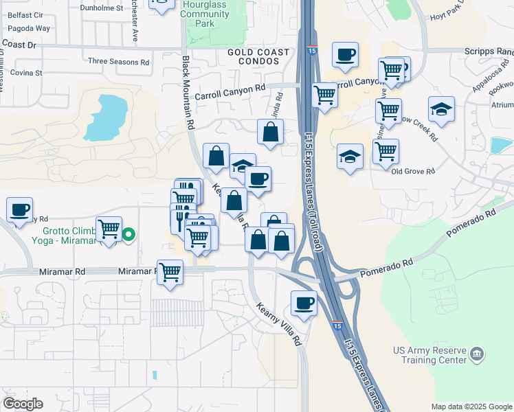 map of restaurants, bars, coffee shops, grocery stores, and more near 9535 Kearny Villa Rd in San Diego