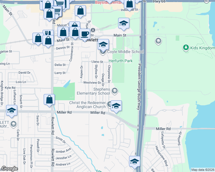 map of restaurants, bars, coffee shops, grocery stores, and more near 3905 Cheyenne Drive in Rowlett