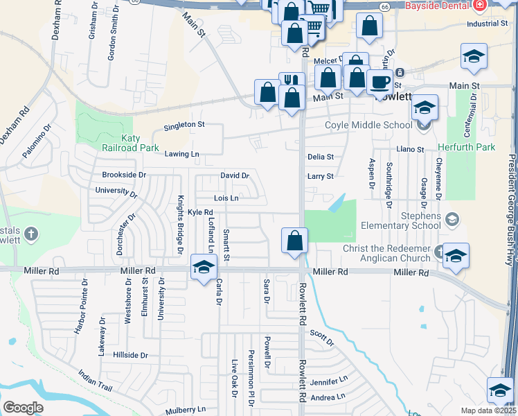 map of restaurants, bars, coffee shops, grocery stores, and more near 3010 Rowlett Road in Rowlett