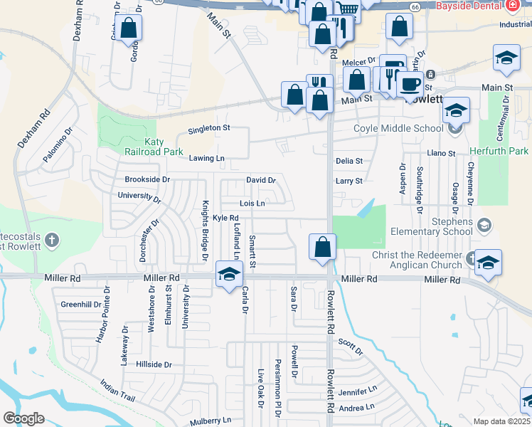 map of restaurants, bars, coffee shops, grocery stores, and more near 3022 Kyle Road in Rowlett