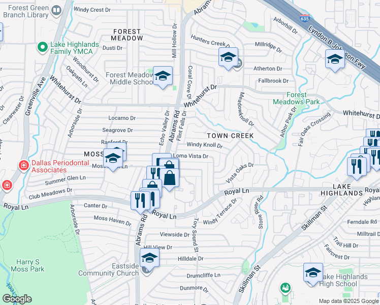 map of restaurants, bars, coffee shops, grocery stores, and more near 9516 Loma Vista Drive in Dallas