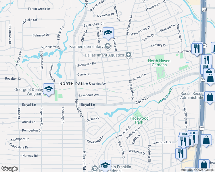 map of restaurants, bars, coffee shops, grocery stores, and more near 7205 Lavendale Circle in Dallas