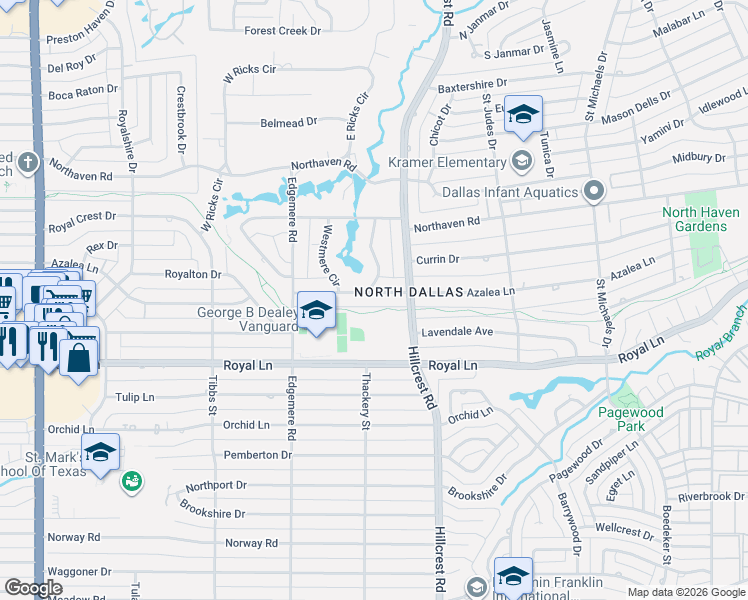 map of restaurants, bars, coffee shops, grocery stores, and more near 10909 Hillcrest Road in Dallas
