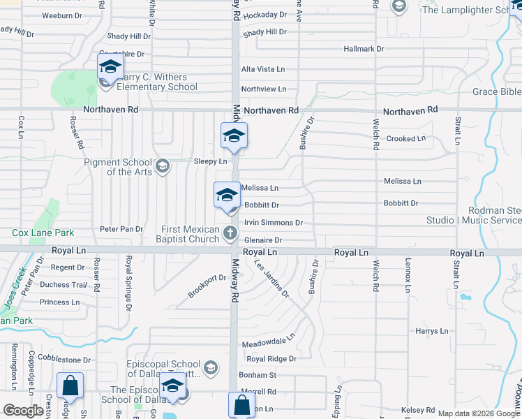 map of restaurants, bars, coffee shops, grocery stores, and more near 4221 Irvin Simmons Drive in Dallas