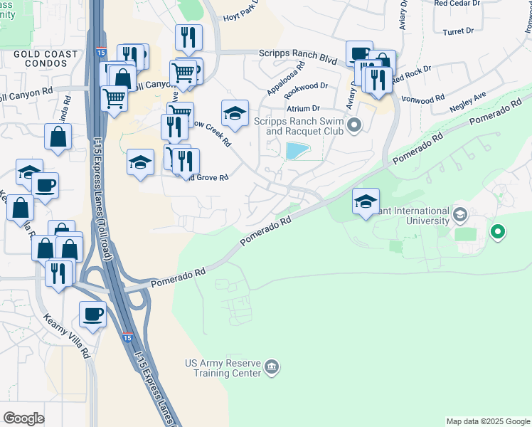 map of restaurants, bars, coffee shops, grocery stores, and more near 10276 Caminito Covewood in San Diego