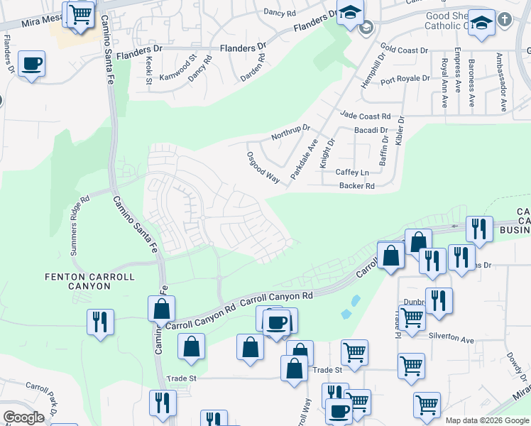 map of restaurants, bars, coffee shops, grocery stores, and more near 8177 Rose Quartz Circle in San Diego