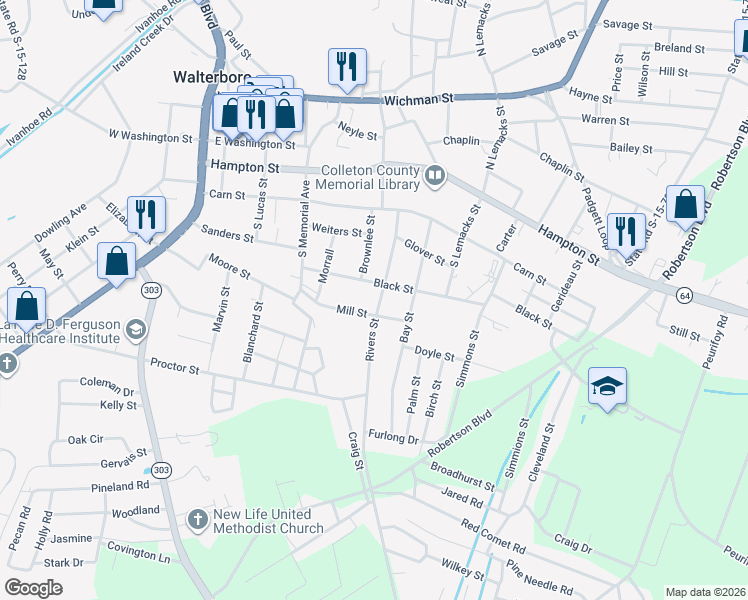 map of restaurants, bars, coffee shops, grocery stores, and more near 317 Rivers Street in Walterboro