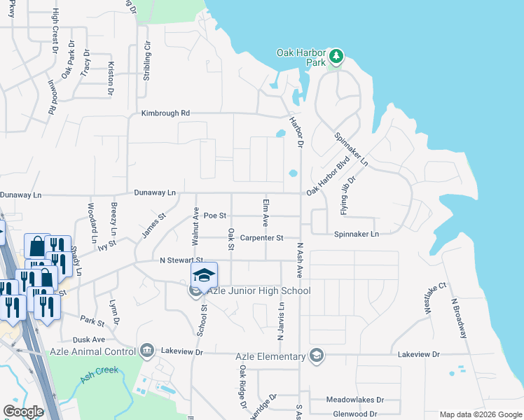 map of restaurants, bars, coffee shops, grocery stores, and more near 1100 Poe Street in Azle