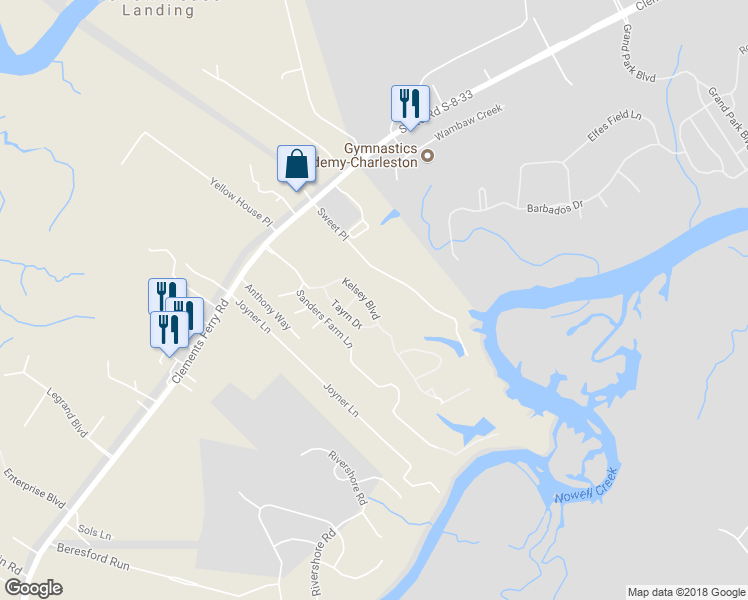 map of restaurants, bars, coffee shops, grocery stores, and more near 262 Kelsey Boulevard in Charleston