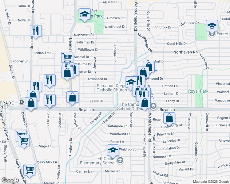 map of restaurants, bars, coffee shops, grocery stores, and more near 10831 Gable Drive in Dallas