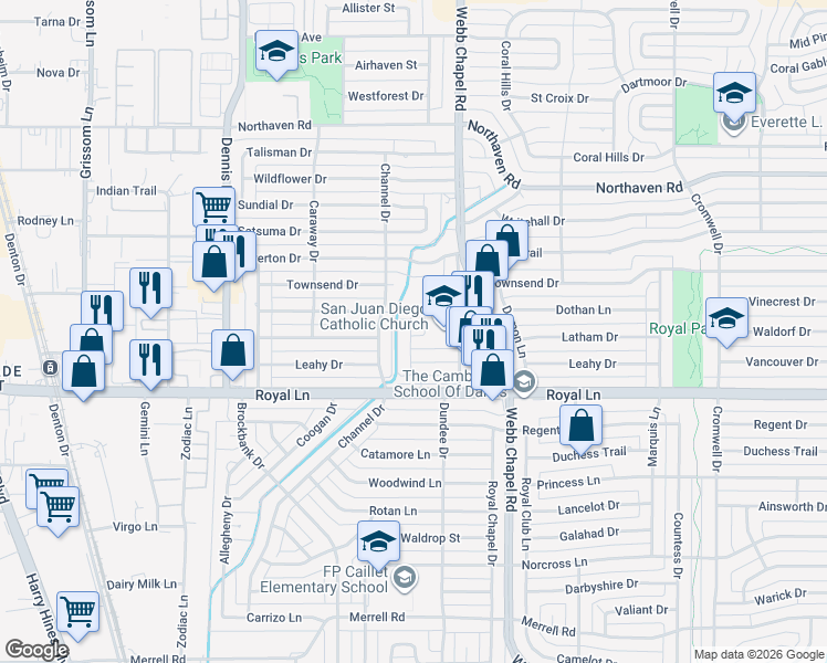 map of restaurants, bars, coffee shops, grocery stores, and more near 10901 Gable Circle in Dallas