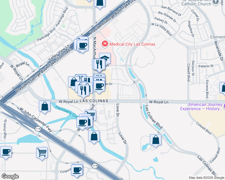 map of restaurants, bars, coffee shops, grocery stores, and more near 6445 Love Drive in Irving