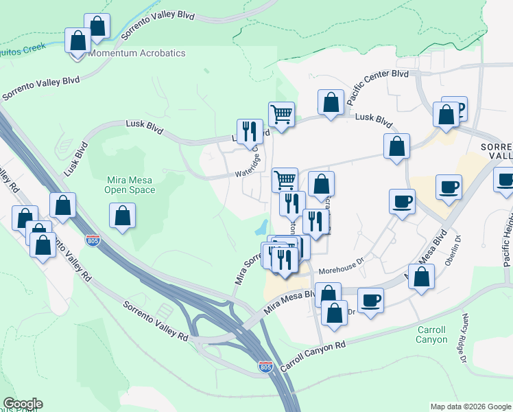 map of restaurants, bars, coffee shops, grocery stores, and more near 10304 Wateridge Circle in San Diego