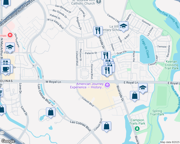 map of restaurants, bars, coffee shops, grocery stores, and more near 6501 Escena Boulevard in Irving