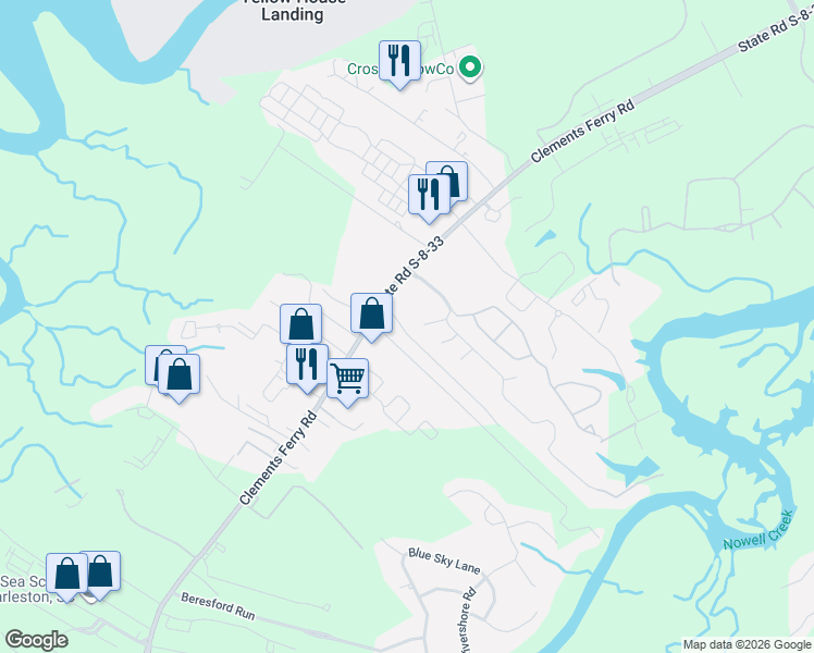 map of restaurants, bars, coffee shops, grocery stores, and more near 2475 Clements Ferry Road in Charleston