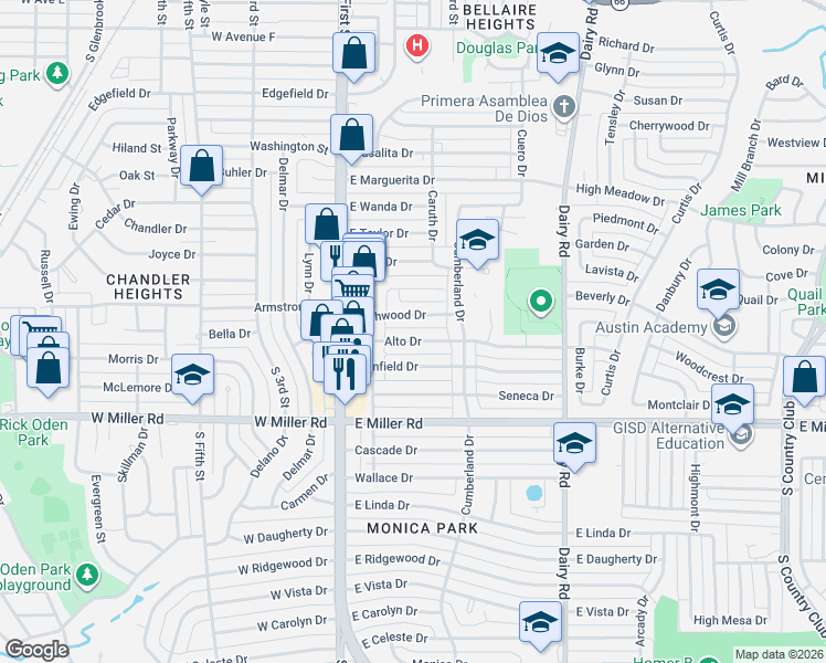 map of restaurants, bars, coffee shops, grocery stores, and more near 220 Alto Drive in Garland