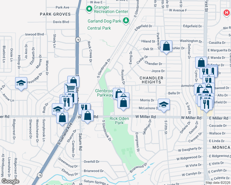 map of restaurants, bars, coffee shops, grocery stores, and more near 1762-1998 Edgefield Drive in Garland