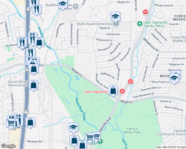 map of restaurants, bars, coffee shops, grocery stores, and more near 8825 Boundbrook Circle in Dallas