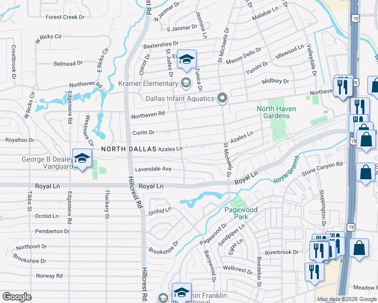 map of restaurants, bars, coffee shops, grocery stores, and more near 7205 Lavendale Circle in Dallas