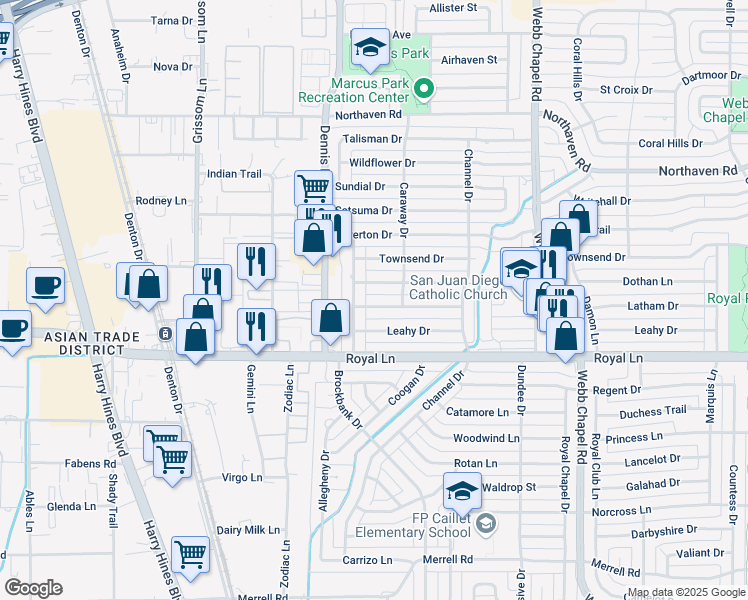 map of restaurants, bars, coffee shops, grocery stores, and more near 2953 Leahy Drive in Dallas