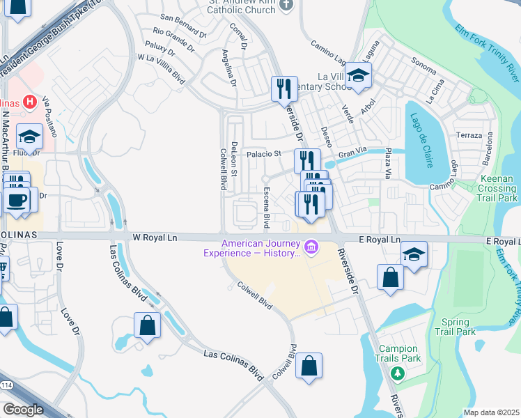 map of restaurants, bars, coffee shops, grocery stores, and more near 6401 Escena Boulevard in Irving