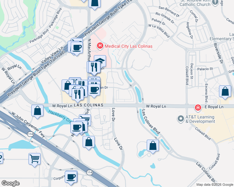 map of restaurants, bars, coffee shops, grocery stores, and more near 6422 Love Drive in Irving