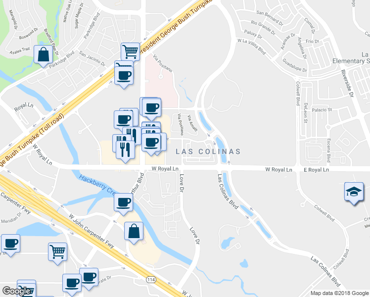 map of restaurants, bars, coffee shops, grocery stores, and more near 6422 Love Drive in Irving