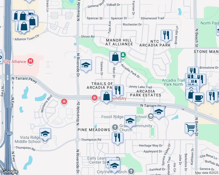 map of restaurants, bars, coffee shops, grocery stores, and more near 8525 Muir Drive in Fort Worth