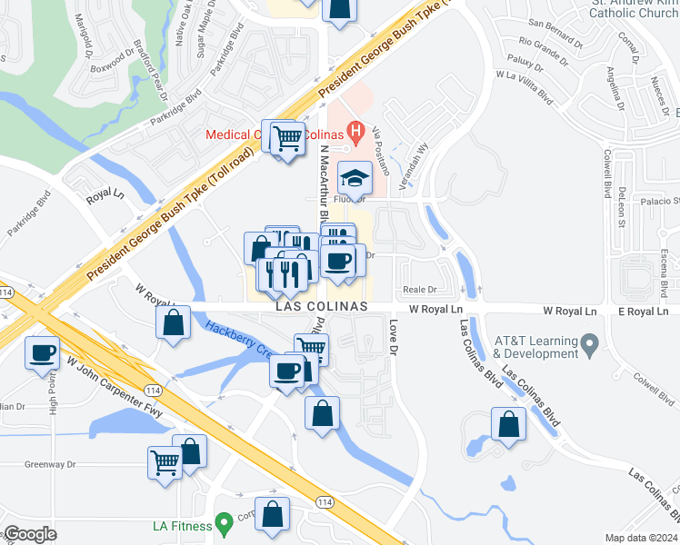 map of restaurants, bars, coffee shops, grocery stores, and more near 6450 North MacArthur Boulevard in Irving