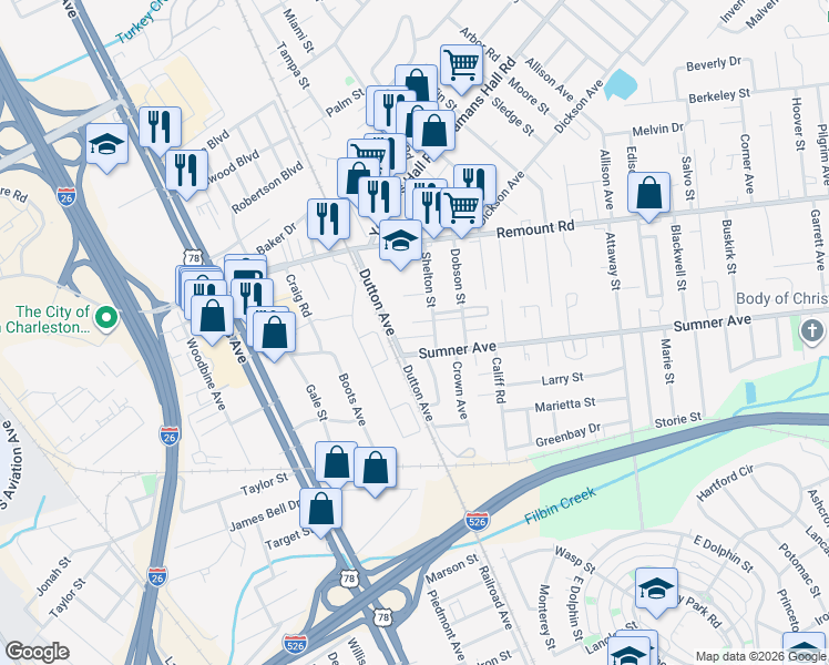 map of restaurants, bars, coffee shops, grocery stores, and more near 1816 State Road S-10-282 in Charleston