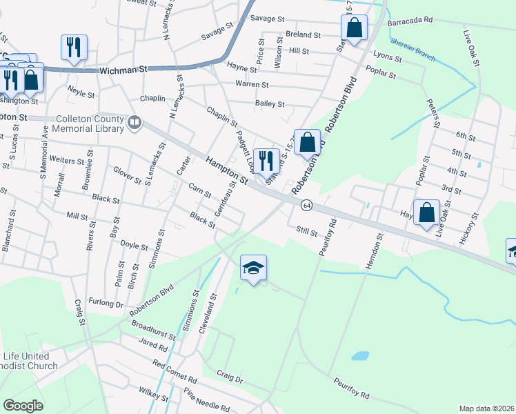 map of restaurants, bars, coffee shops, grocery stores, and more near Robertson Boulevard in Walterboro