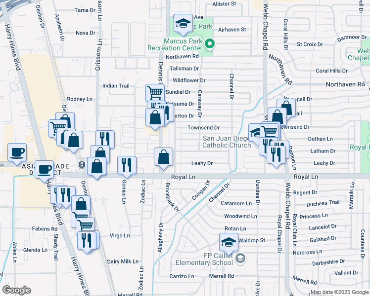 map of restaurants, bars, coffee shops, grocery stores, and more near 2953 Leahy Drive in Dallas