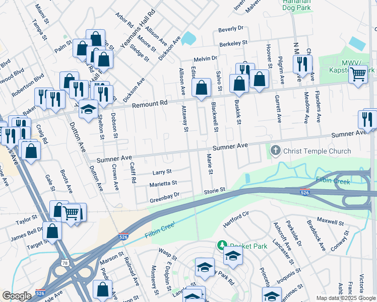 map of restaurants, bars, coffee shops, grocery stores, and more near Sumner Ave & Attaway St in North Charleston