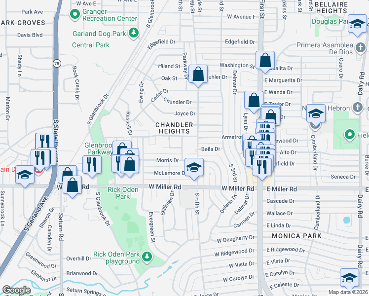 map of restaurants, bars, coffee shops, grocery stores, and more near 517 Morris Drive in Garland