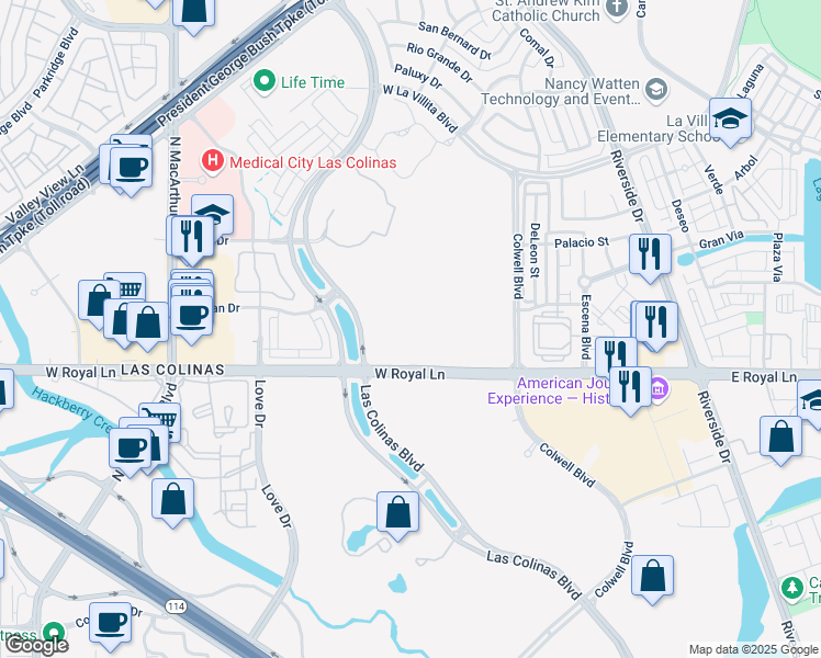 map of restaurants, bars, coffee shops, grocery stores, and more near 6400 Las Colinas Boulevard in Irving