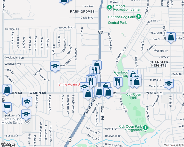 map of restaurants, bars, coffee shops, grocery stores, and more near 1855 South Garland Avenue in Garland