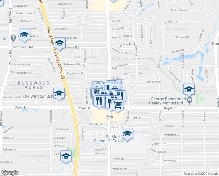 map of restaurants, bars, coffee shops, grocery stores, and more near Preston Road & Burgundy Road in Dallas