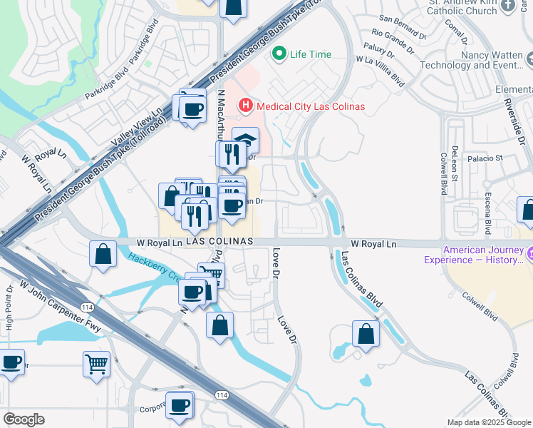 map of restaurants, bars, coffee shops, grocery stores, and more near 6422 Love Drive in Irving