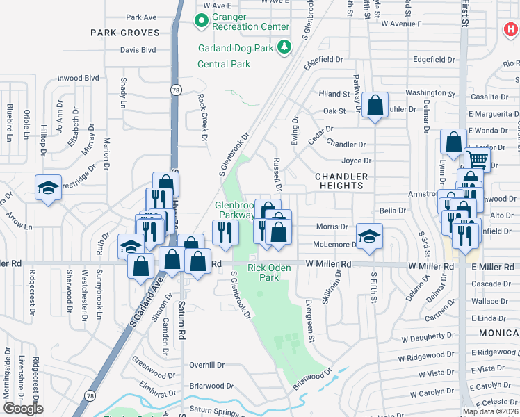 map of restaurants, bars, coffee shops, grocery stores, and more near 1762-1998 Edgefield Drive in Garland