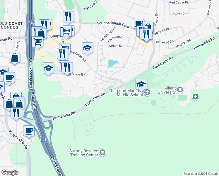 map of restaurants, bars, coffee shops, grocery stores, and more near 10303 Caminito Aralia in San Diego